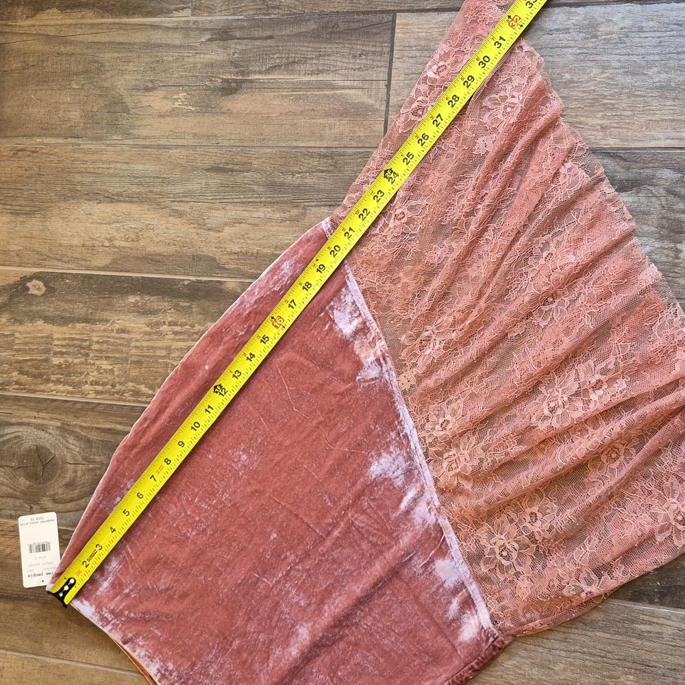 0/2 Free People Asymmetrical Crushed Velvet & Lace Midi Skirt, Side Zipper - Picture 6 of 12